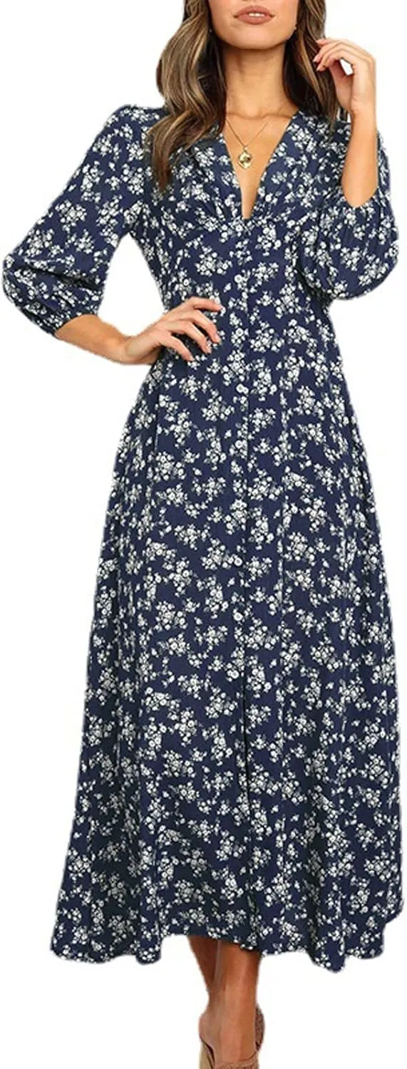 Women's Spring Fall Dress Sleeve V Neck Empire Waist Wrap Printed Slit Smocked Midi Dress, S-XL