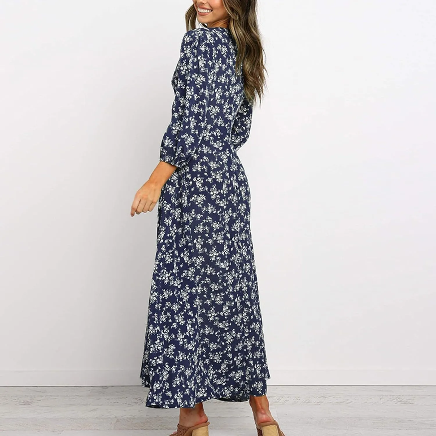 Women's Spring Fall Dress Sleeve V Neck Empire Waist Wrap Printed Slit Smocked Midi Dress, S-XL