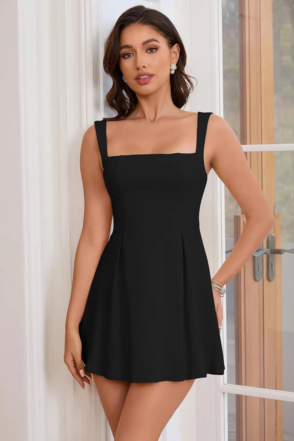Women's Square Neck Mini Dress Sexy Backless Bow Tie Sleeveless Flare Dress Graduation Short Party Dresses