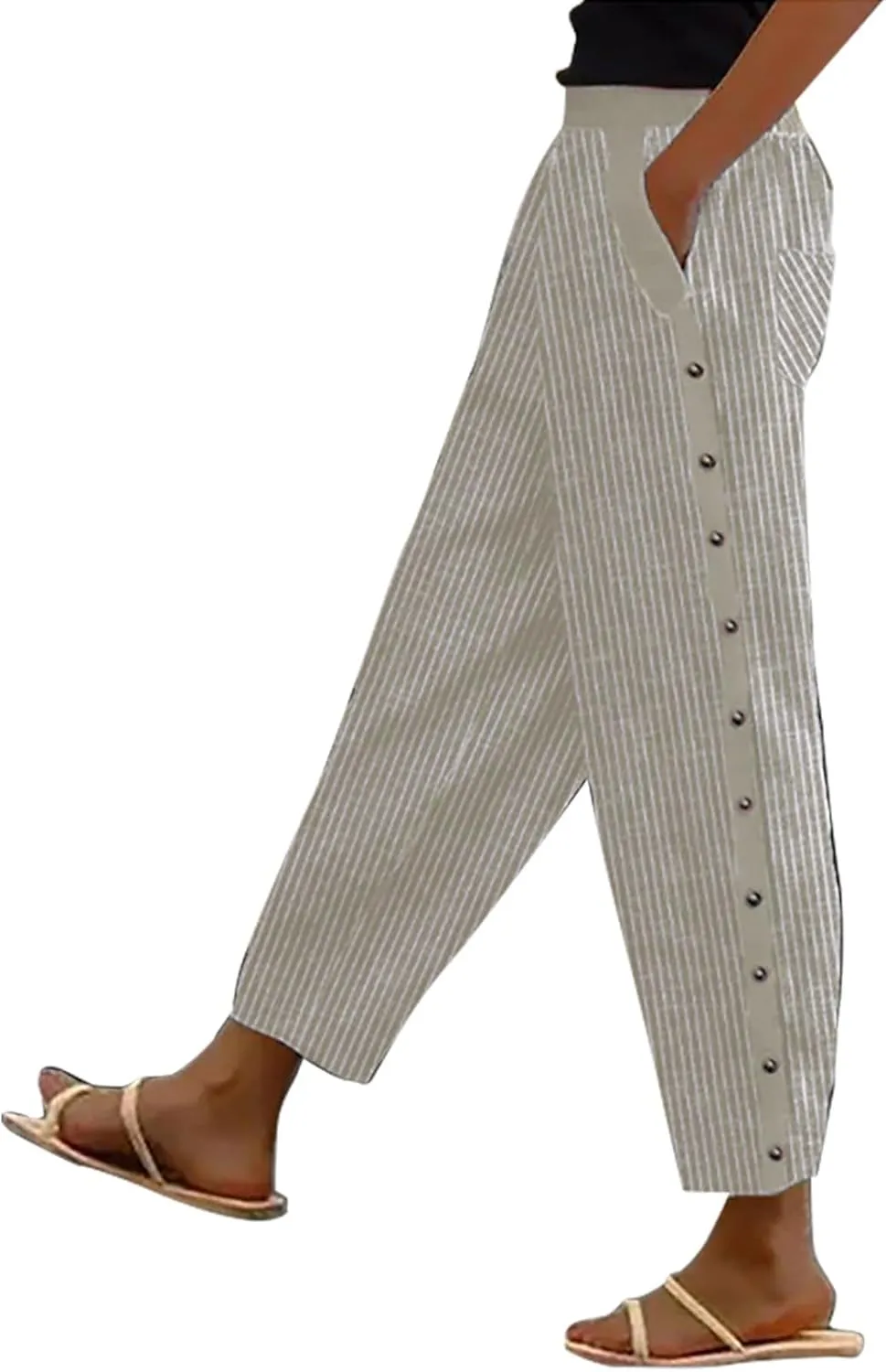 Womens Striped Print Lounge Pants Casual Elastic Summer Beach Travel Vacation Wide Leg Pants Ankle Length Trousers