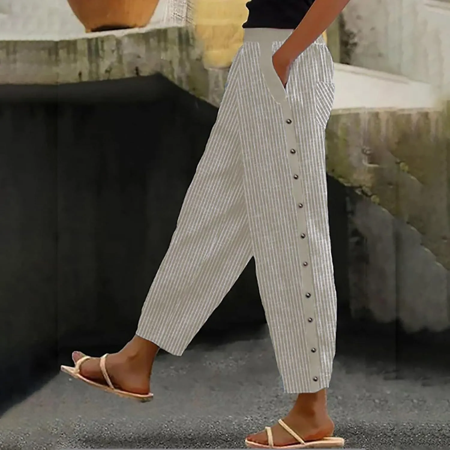 Womens Striped Print Lounge Pants Casual Elastic Summer Beach Travel Vacation Wide Leg Pants Ankle Length Trousers