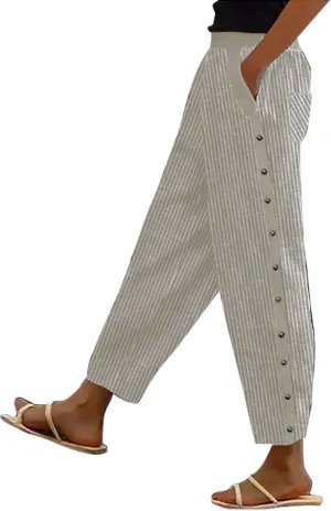 Womens Striped Print Lounge Pants Casual Elastic Summer Beach Travel Vacation Wide Leg Pants Ankle Length Trousers