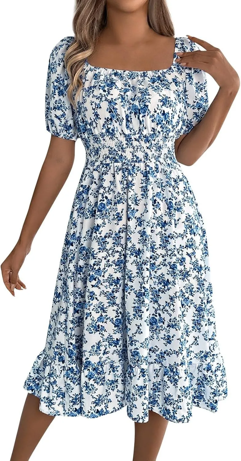 Women's Summer Casual Loose Trendy Sun Dress Square Neck Short Sleeve Floral Print Boho Dresses, S-XL