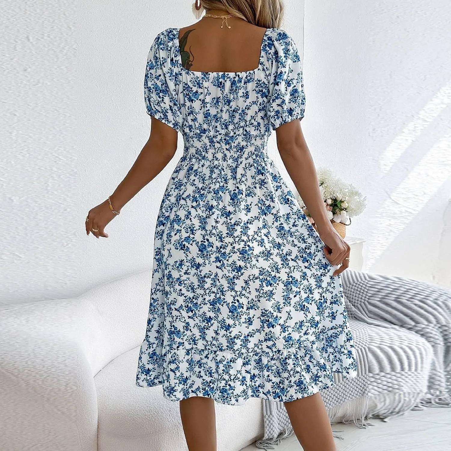Women's Summer Casual Loose Trendy Sun Dress Square Neck Short Sleeve Floral Print Boho Dresses, S-XL