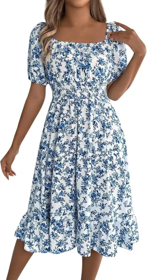 Women's Summer Casual Loose Trendy Sun Dress Square Neck Short Sleeve Floral Print Boho Dresses, S-XL