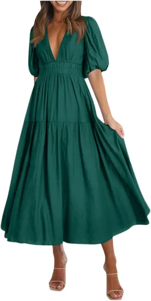 Womens Summer Dresses Trendy Plain Draped Dress Classy Fit and Flare Cinched Waist V Neck Vacation Beach Frock Resort A Line Puff Sleeve Daisy Floral A Line Daily White Sundress
