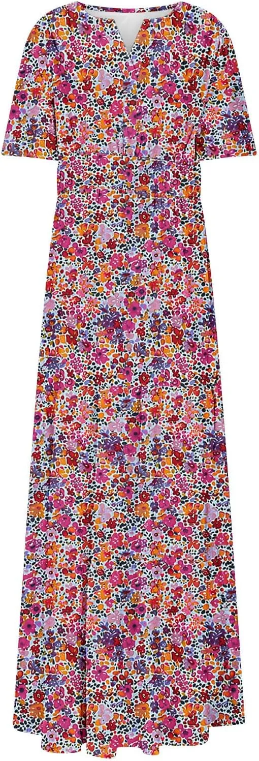Womens Summer Floral Maxi Dress Boho Shoet Sleeve V Neck Elastic Waist A Line Elegant Flowy Dresses Vacation Clothes