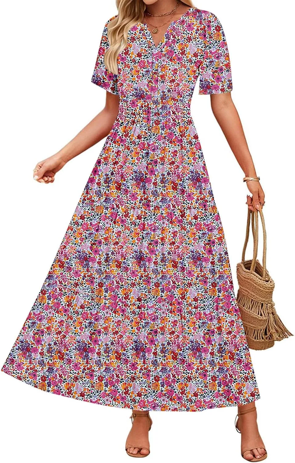 Womens Summer Floral Maxi Dress Boho Shoet Sleeve V Neck Elastic Waist A Line Elegant Flowy Dresses Vacation Clothes