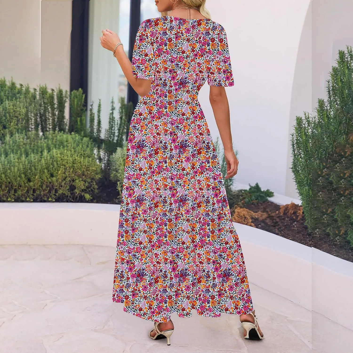 Womens Summer Floral Maxi Dress Boho Shoet Sleeve V Neck Elastic Waist A Line Elegant Flowy Dresses Vacation Clothes