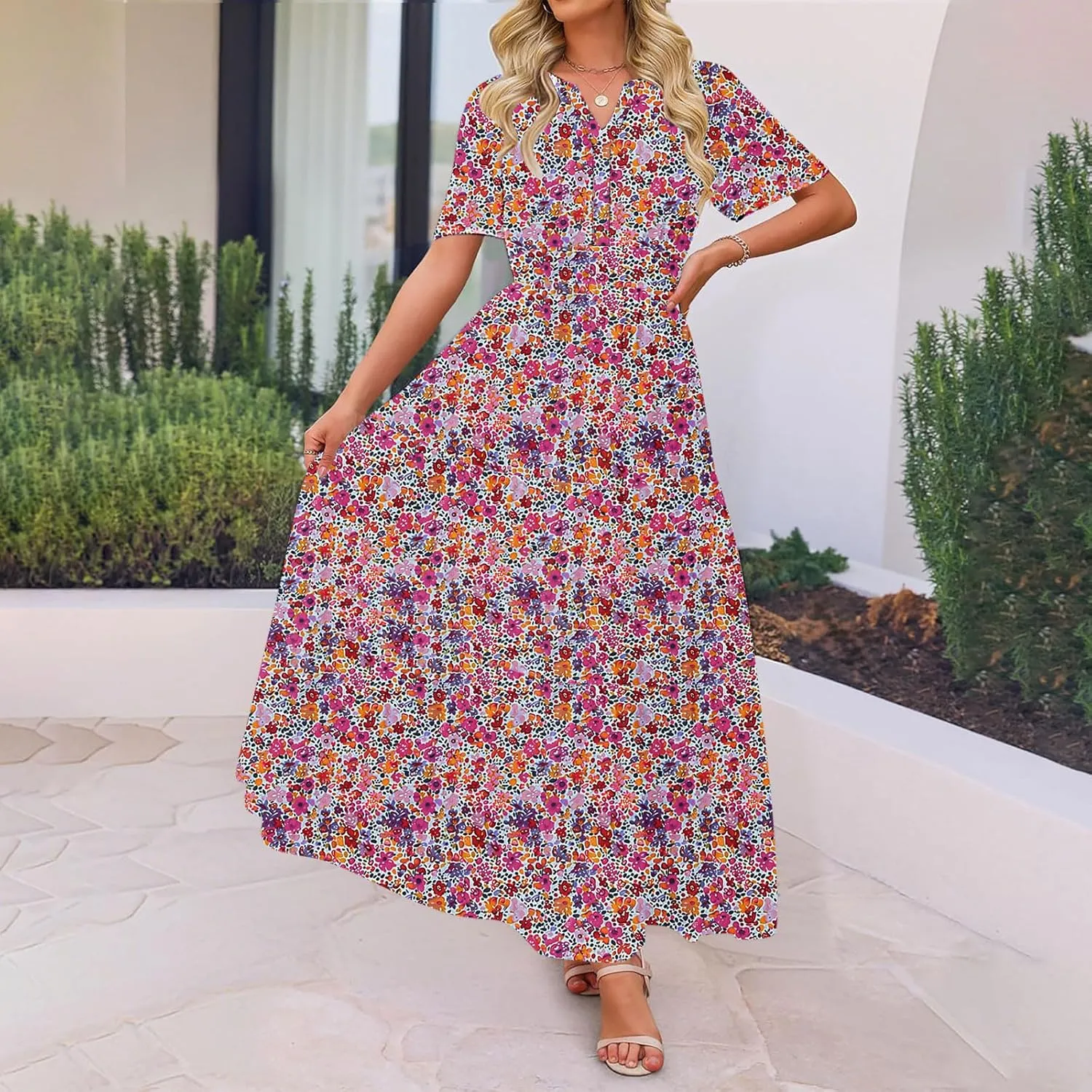 Womens Summer Floral Maxi Dress Boho Shoet Sleeve V Neck Elastic Waist A Line Elegant Flowy Dresses Vacation Clothes
