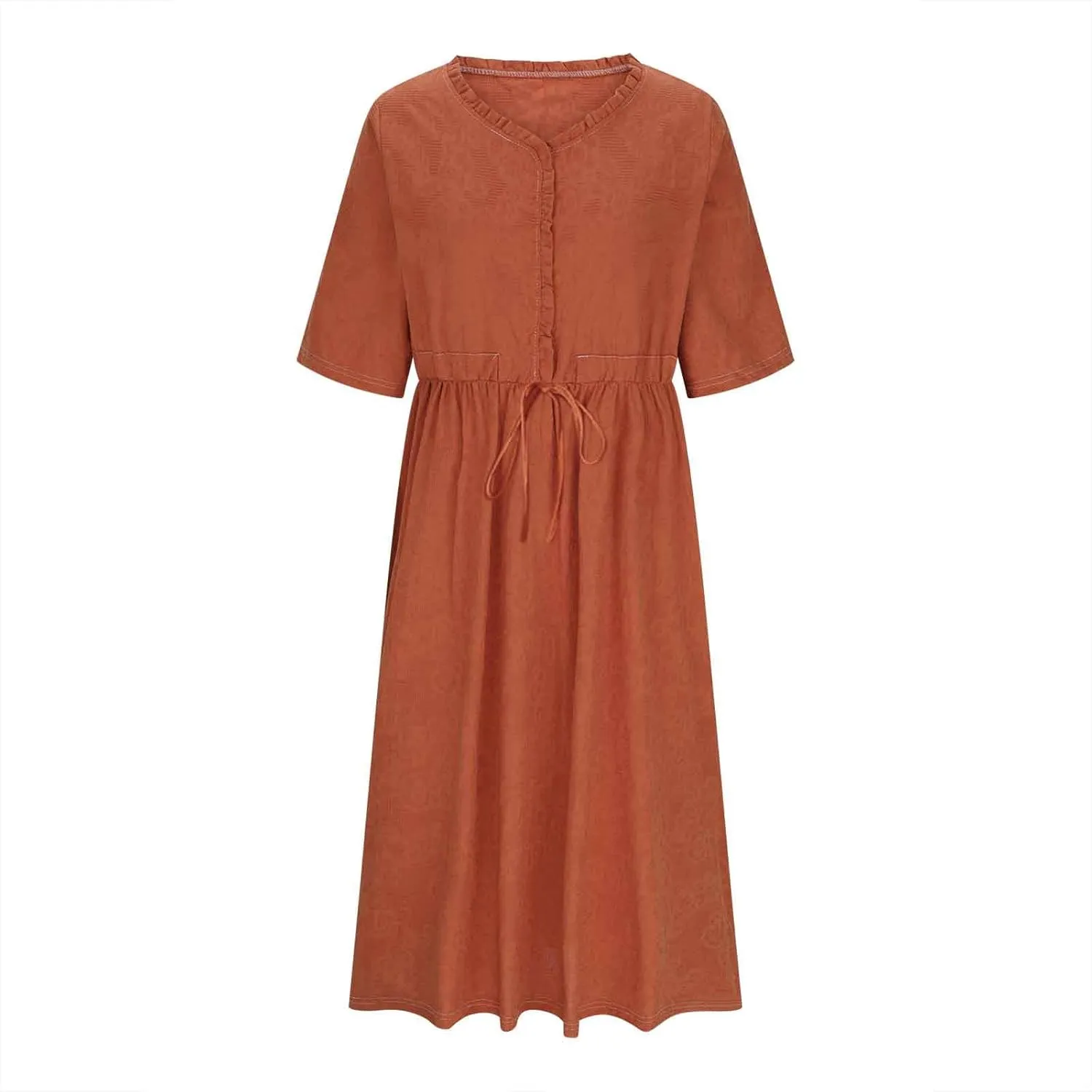 Womens Summer Trendy Textured Midi Dresses Casual Elbow Length Sleeve V Neck Drawstring Waist Pleated Flowy Boho Dress