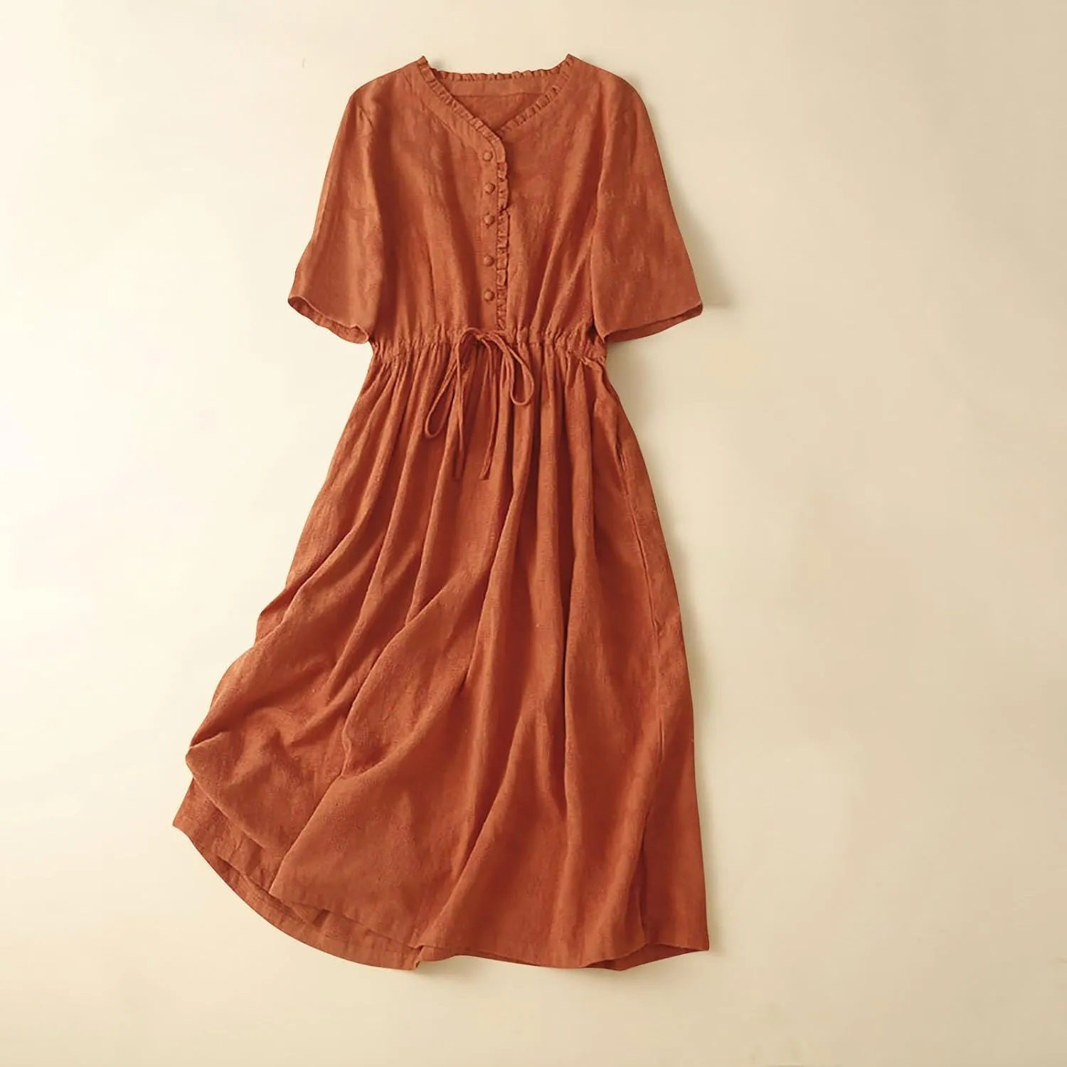Womens Summer Trendy Textured Midi Dresses Casual Elbow Length Sleeve V Neck Drawstring Waist Pleated Flowy Boho Dress