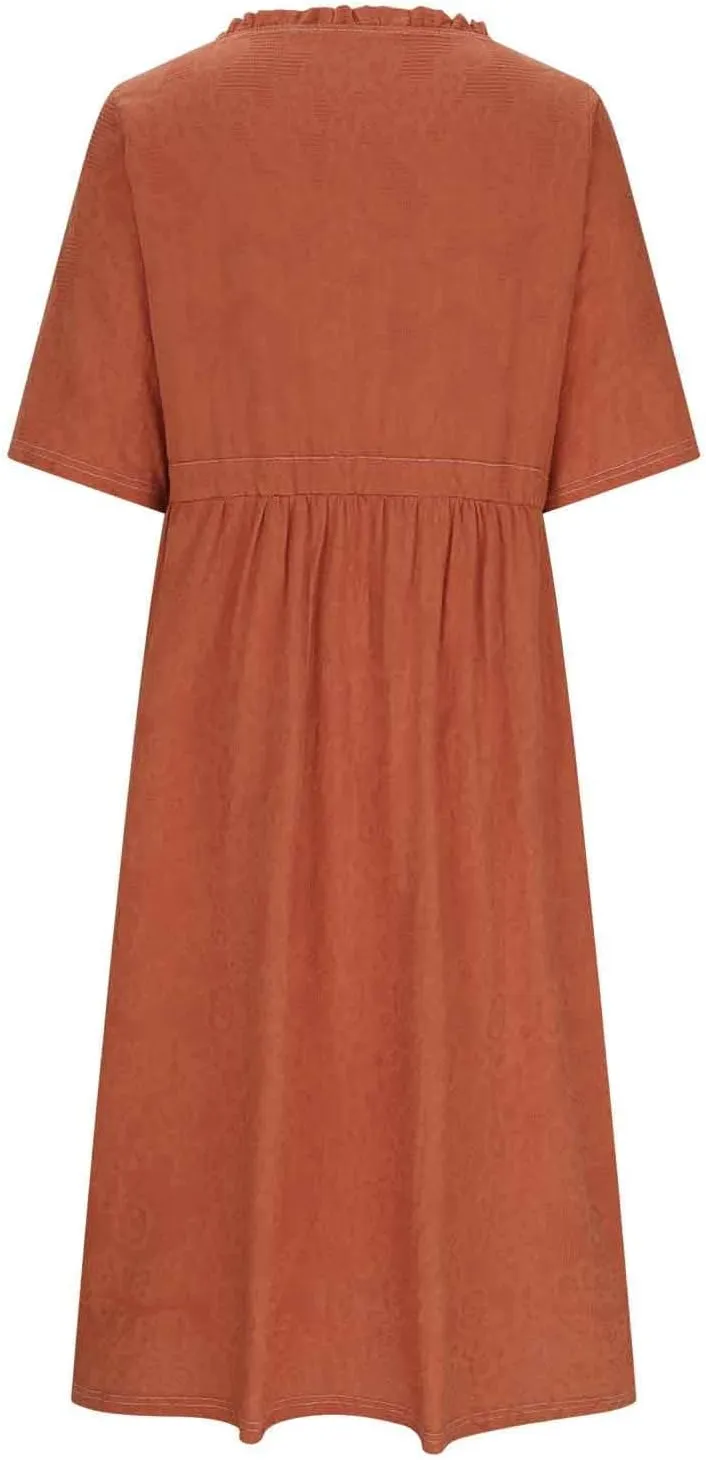 Womens Summer Trendy Textured Midi Dresses Casual Elbow Length Sleeve V Neck Drawstring Waist Pleated Flowy Boho Dress