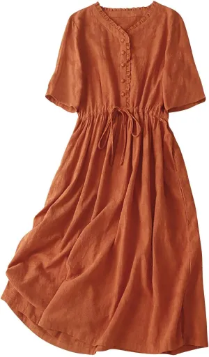 Womens Summer Trendy Textured Midi Dresses Casual Elbow Length Sleeve V Neck Drawstring Waist Pleated Flowy Boho Dress