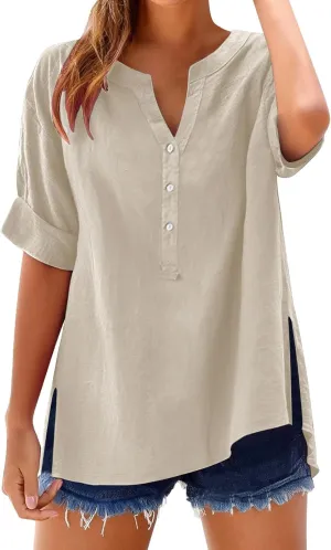 Women's Tunic Tops Linen Tops for Womens Summer Work Shirts Trendy Button Down Plus Size V Neck Boho Clothes