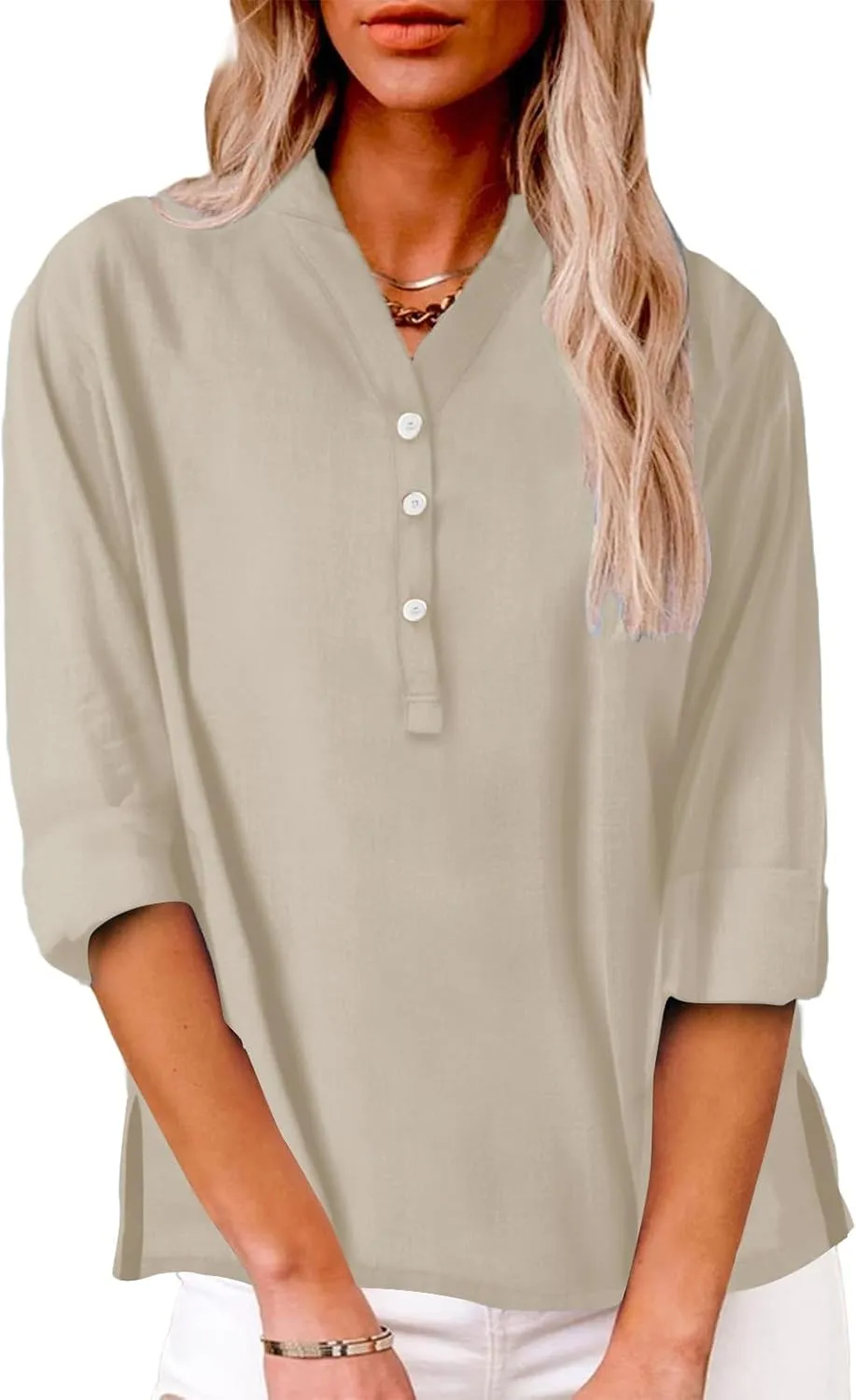 Women's Tunic Tops Linen Tops for Womens Summer Work Shirts Trendy Button Down Plus Size V Neck Boho Clothes