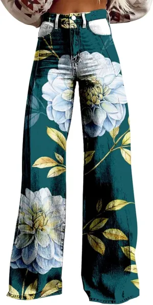 Womens Vintage Floral Print Y2K Pants Casual High Waisted Button Wide Leg Pants Retro Graphic Printed Plus Size Pants