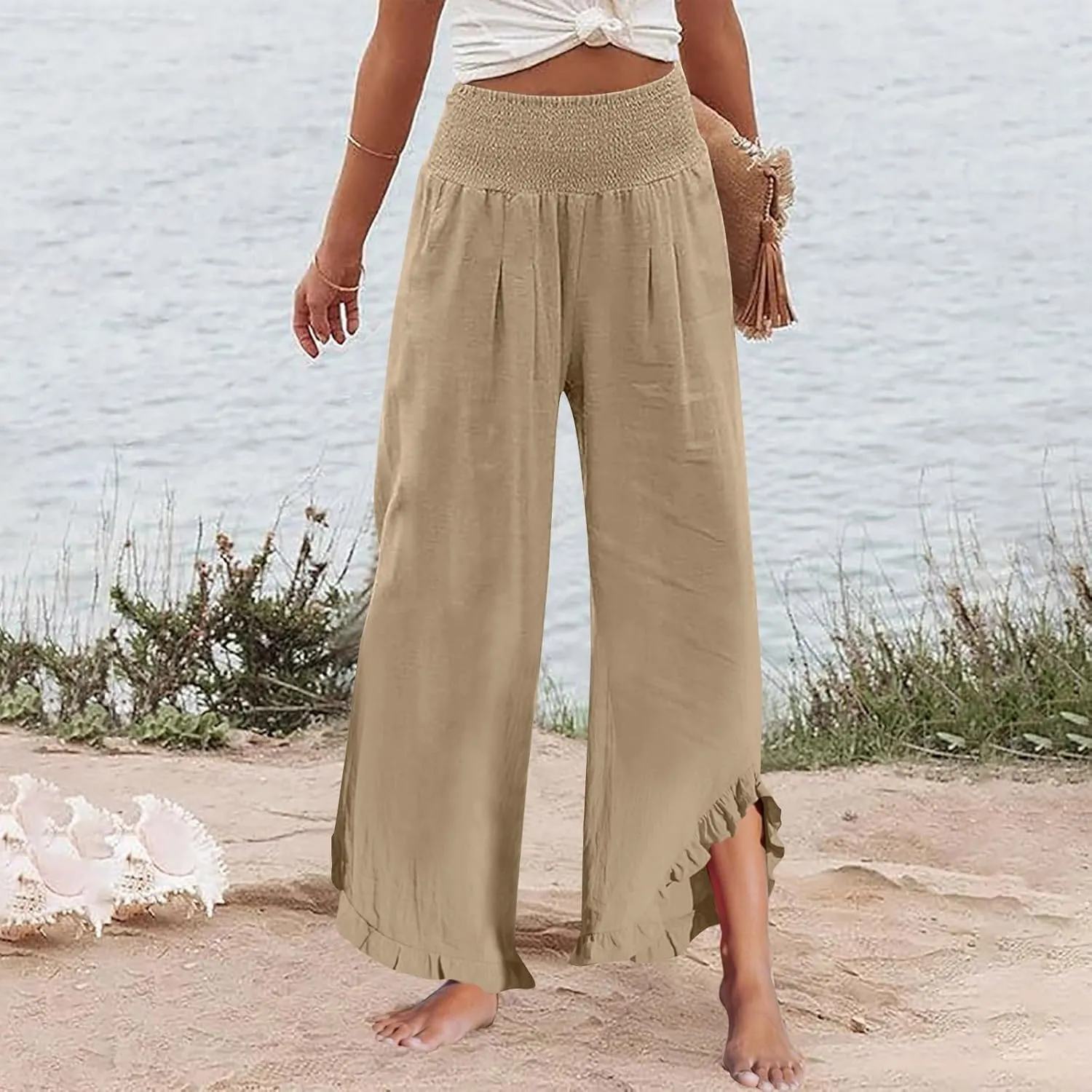 Women's Wide Leg Pants 2025 Solid Petite Stretch Loose Flowy Lounge Pants with Pockets, S-3XL