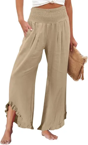 Women's Wide Leg Pants 2025 Solid Petite Stretch Loose Flowy Lounge Pants with Pockets, S-3XL