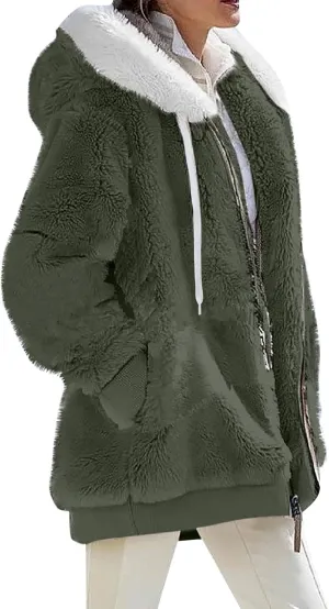 Women's Winter Coats Fuzzy Fleece Jacket Hooded Color Block Patchwork Cardigan Coat Outerwear With Pockets