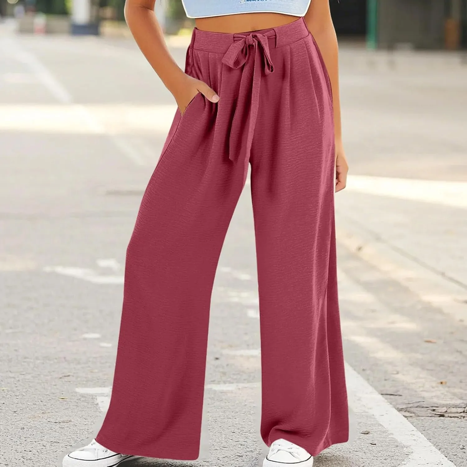 Youth Girls Palazzo Cotton Linen Long Pants Baggy Wide Leg High Waist Drawstring Long Trousers 2025 Summer Bottoms